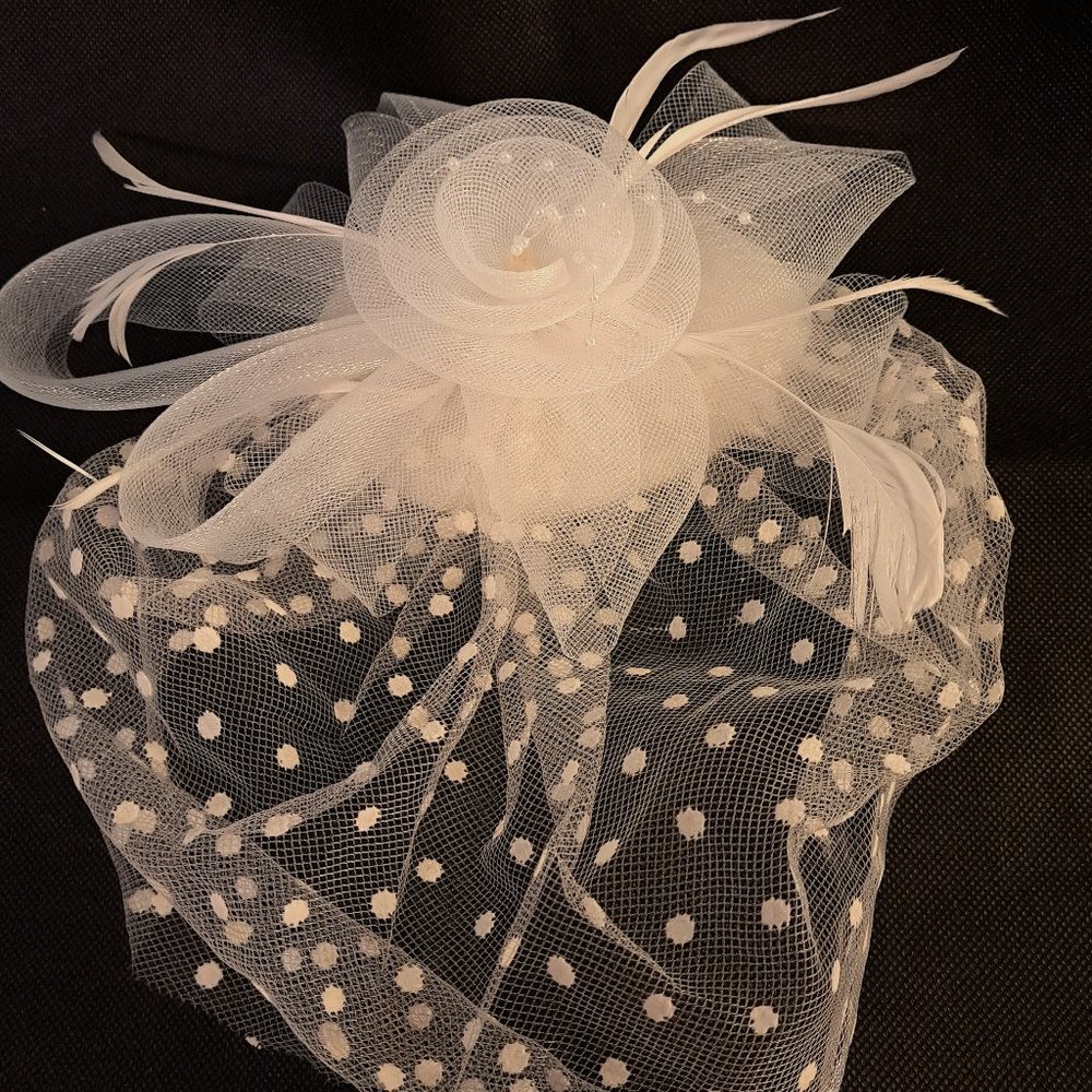 White Facinator With Attached Snood - image 1